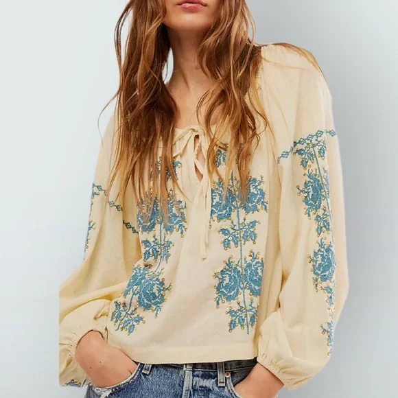 Free People Hayden Sequin Embellished XL Ivory Floral Embroidery On/Off Shoulder - Picture 7 of 7